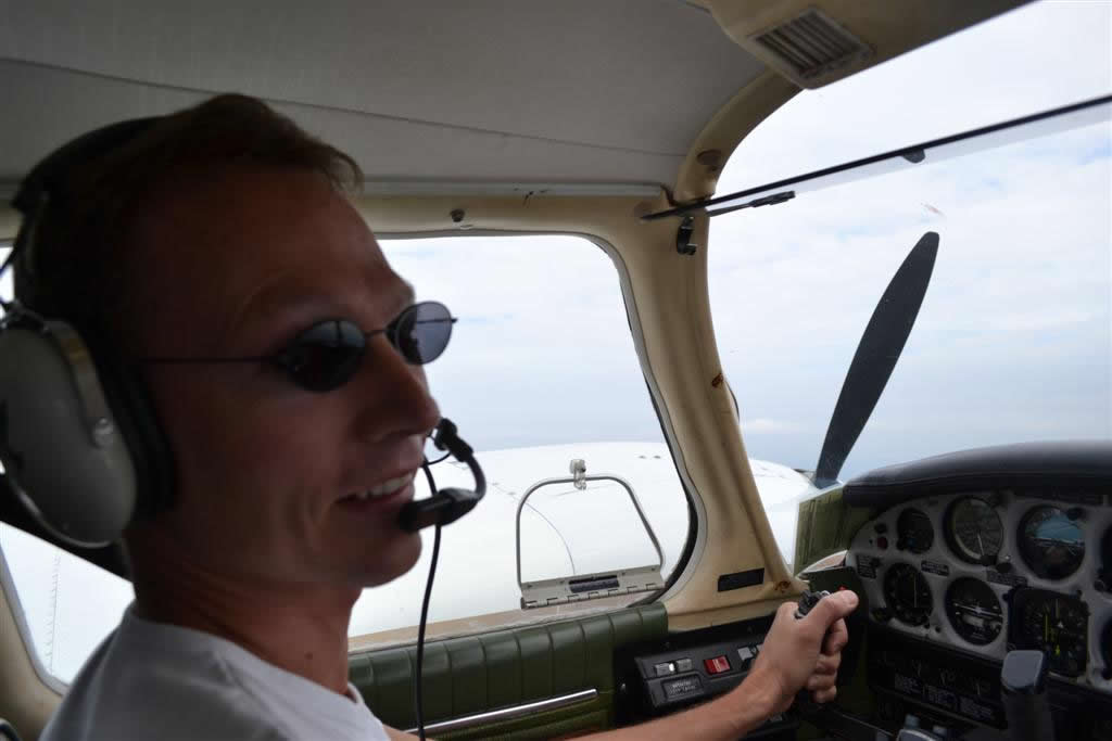 Pilot Ulrich Baum at the controls of Piper Seneca GURW during an engine feathering exercise. Uli successfully completed the Flight Test for his Multi-engine Class Rating on September 21, 2010.  Langley Flying School.